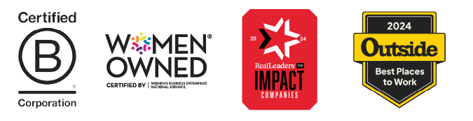 Four certification badges: B Corporation, Women Owned certified, 2024 Real Leaders Impact Companies, and 2024 Outside Best Places to Work.