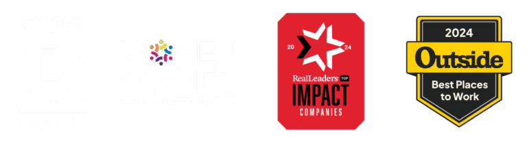 Four award badges: Certified B Corporation, Women Owned, 2024 Real Leaders Top Impact Companies, and 2024 Outside Best Places to Work.