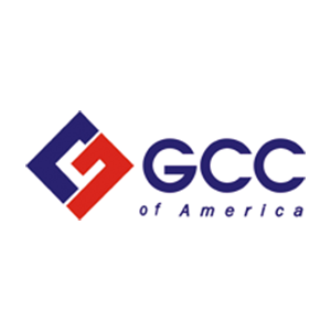The image shows the logo of GCC of America. The logo features an abstract, interlocking square design with one square in blue and another in red on the left. To the right of the design is the text "GCC" in blue, with "of America" written beneath in smaller blue letters.