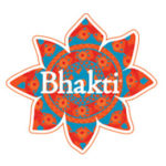 A stylized lotus flower design in bright red and blue, with the word "Bhakti" written in white text across the center. The lotus has orange outlines and intricate patterns within the petals. The background is white.