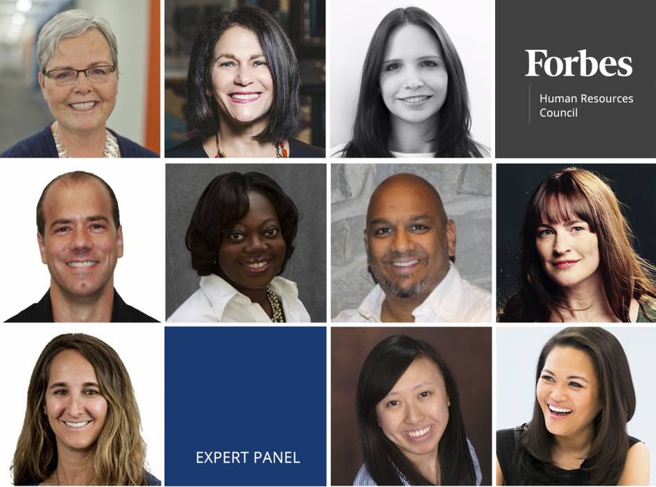 A collage of headshots featuring nine individuals, four women and five men, arranged in a grid. The top row includes a "Forbes Human Resources Council" logo, while the bottom row has a blue square labeled "Expert Panel." Everyone is smiling and looking directly at the camera.