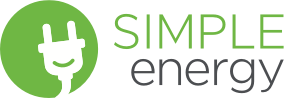 Logo of Simple Energy featuring a green circle with a smiling electrical plug icon on the left. The words "SIMPLE energy" are written to the right in green and black text.