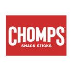 Red logo for Chomps Snack Sticks with bold white text.