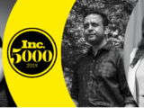 A split image with a woman smiling on the left, a central man standing outdoors, and a woman in a white outfit on the right. The yellow section displays "Inc. 5000 2019" in black text.