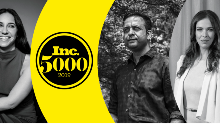 A split image with a woman smiling on the left, a central man standing outdoors, and a woman in a white outfit on the right. The yellow section displays "Inc. 5000 2019" in black text.