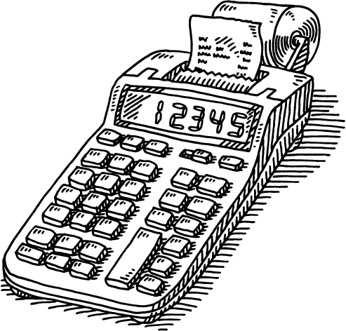 A black and white sketch of a printing calculator with a display showing the numbers "12345" and a paper roll feeding out at the back.