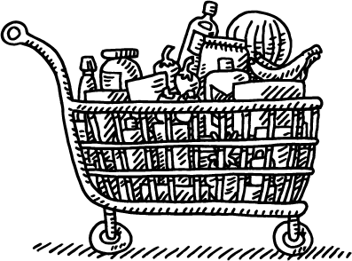 Black and white sketch of a shopping cart filled with various grocery items, including bottles, boxes, a loaf of bread, a watermelon, and other packaged goods.