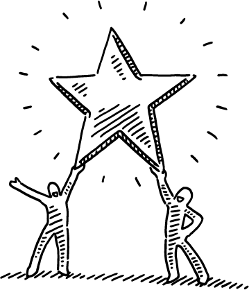 Two stick-figure people stand on the ground, each holding up one side of a large, radiant star above their heads. Lines around the star suggest brightness or celebration.