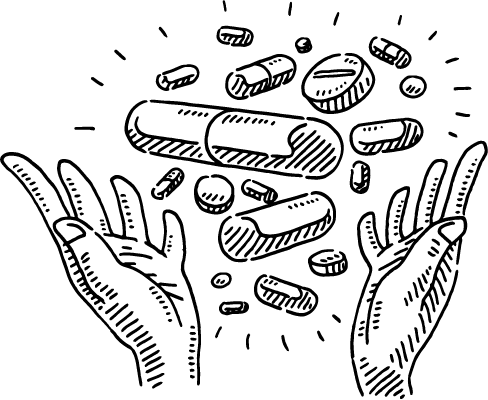 A black and white sketch of two hands with open palms, surrounded by various floating pills and capsules of different shapes and sizes, with lines indicating motion or energy.