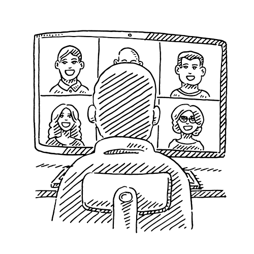 A person sits at a desk, facing a computer monitor displaying a video call with five smiling people in separate windows, drawn in a black-and-white sketch style.