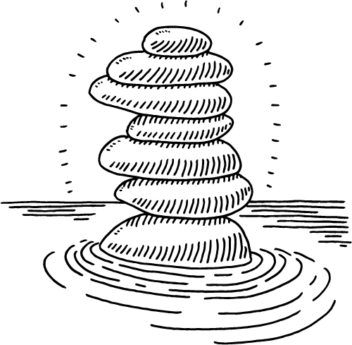 Black and white line drawing of seven smooth stones stacked on top of each other in water, with ripples around the base and lines radiating from the stones, suggesting calmness and balance.