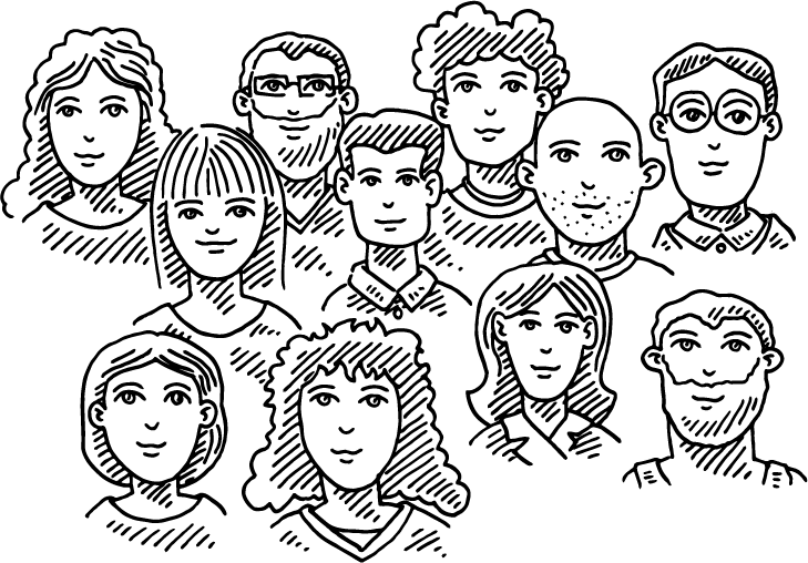 Hand-drawn illustration of eleven diverse people, both men and women, with various hairstyles and facial features, arranged in two rows and facing forward, all with neutral or slight smiles.