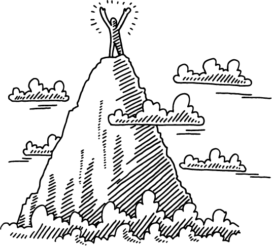 A person stands triumphantly on the peak of a tall mountain, arms raised in victory, surrounded by clouds and sketched foliage at the base.