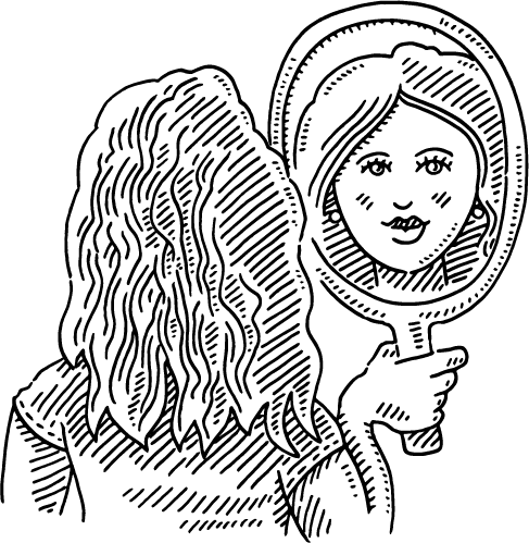 A black and white sketch of a person with wavy hair holding a hand mirror, showing their face reflected in the mirror. The person’s back is visible, while the reflection shows their facial features.