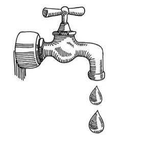 Black and white sketch of a water faucet with two water droplets falling from its spout.