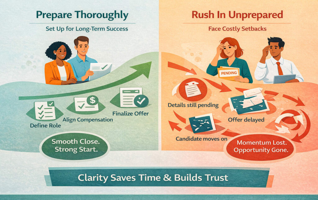 A split infographic compares thorough preparation versus rushing in unprepared during hiring. Preparation leads to smooth close and strong start; unpreparedness causes delays, lost momentum, and missed opportunities. Text: “Clarity Saves Time & Builds Trust.”.