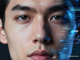 Close-up of a young man's face with digital blue lines and glowing effects superimposed on the right side, suggesting themes of technology, future, or human-computer integration.