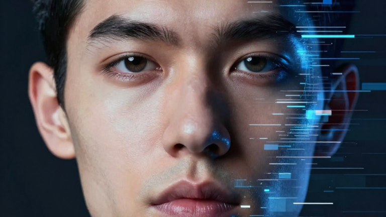 Close-up of a young man's face with digital blue lines and glowing effects superimposed on the right side, suggesting themes of technology, future, or human-computer integration.