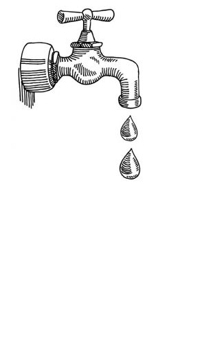 A black and white sketch of an old-fashioned faucet with cross-handles. The faucet is depicted with a few drops of water falling from its spout. The background is plain and white, drawing focus to the detailed illustration of the faucet.