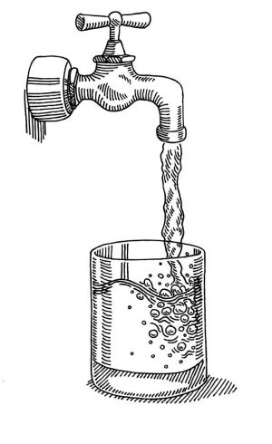 A black-and-white line drawing of a faucet with a knob top, pouring water into a glass beneath it. The glass displays water bubbles, indicating it is being filled rapidly. The illustration has detailed shading and line work.