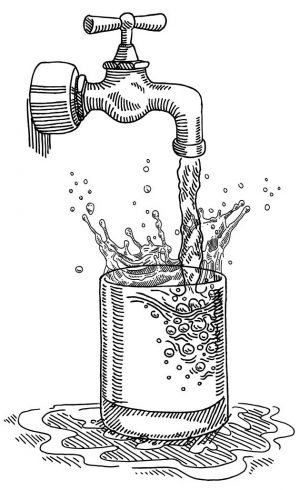 Illustration of water flowing from a faucet into a glass, causing splashes and bubbles. The faucet is in the open position with water gushing out, and some water is spilling out of the glass onto a surface below. The drawing is done in a detailed, sketchy style.