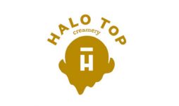 Logo of Halo Top Creamery featuring a gold ice cream scoop shape with a stylized "H" in the center. The words "Halo Top" are arched above the scoop, and the word "creamery" is curved under the top arch. The background is white.